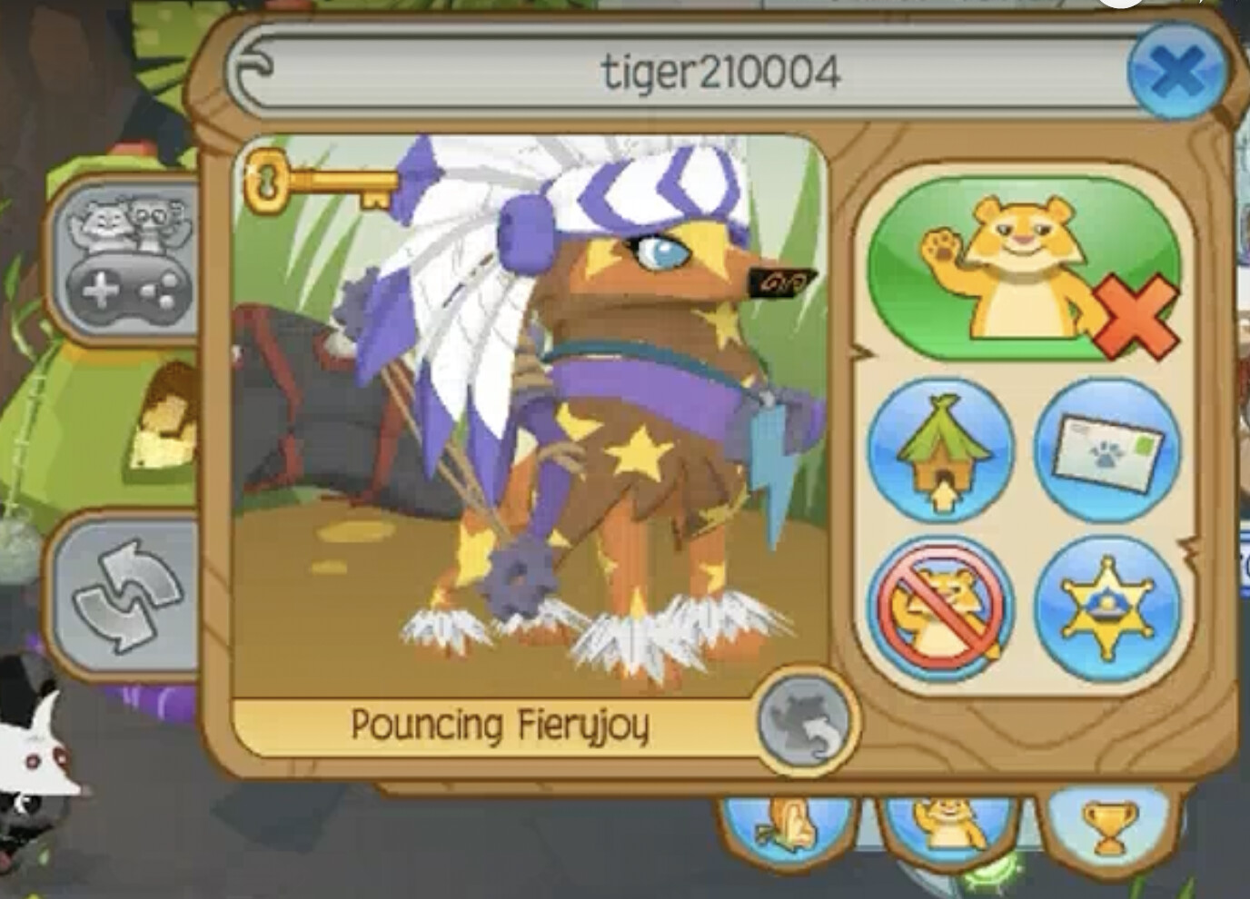 An Animal Jam user's playercard. The Arctic Wolf is orange and brown with yellow stars and ice-blue eyes. She has a purple and white rare headdress, a blue lightning necklace, purple bow and arrows, white leg armor, and black and red elf tail armor. The username is tiger10004, and the animal name displayed is Pouncing Fieryjoy.