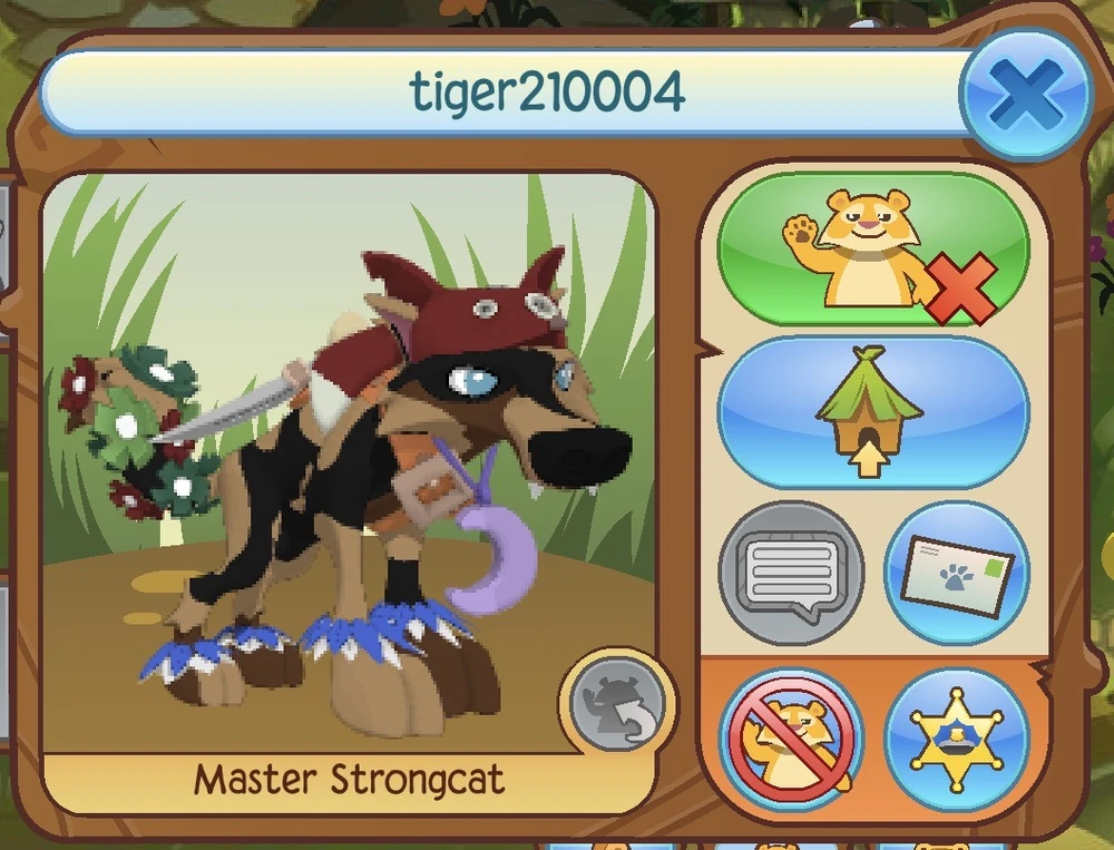 An Animal Jam user's playercard. The wolf is black, dark brown, and light brown with ice-blue eyes. He has a red fox hat, a purple moon necklace, an orange pirate sword, blue and white freedom bands, and a Jamaaliday flower tail. The username is tiger210004, and the animal name displayed is Master Strongcat.