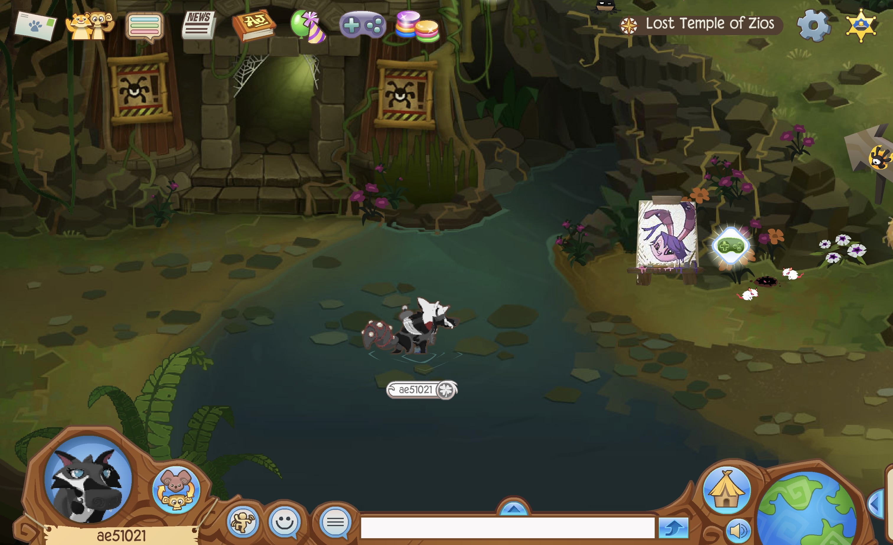 An Animal Jam wolf is wandering the river of The Lost Temple of Zios. She is grey with black splotches, and a white underside. She has icy-blue eyes and is facing the viewer. She has a white fox hat, a grey and black eclipse necklace, a grey pirate sword, a blue glove, and grey, red, and white tail armor. The wolf's name is Large Muddycat and the username is ae51021.