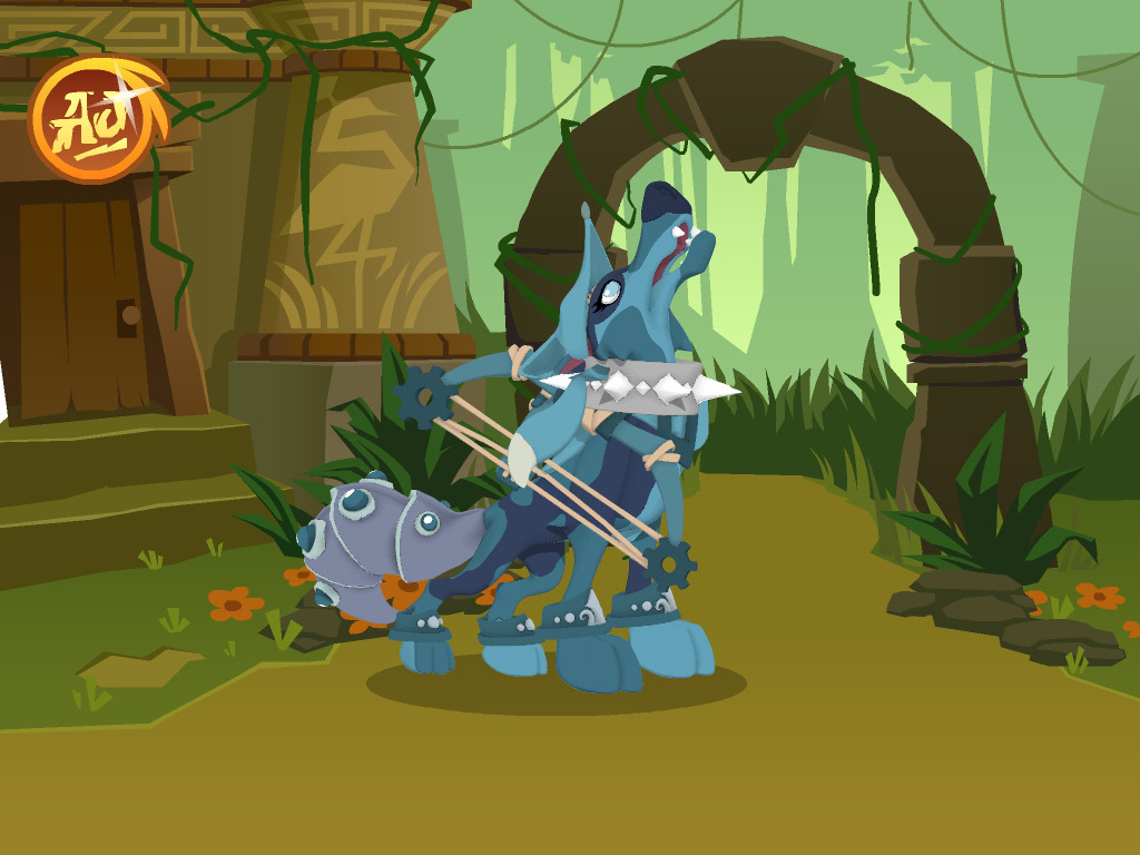 An Animal Jam photobooth image taken in the Lost Temple of Zios. There is a wolf of various splotches and shades of blue howling and facing the sky. She has a fox hat, silver spike, bow and arrows, elf braclets, and tail armor. These are also shades of blue, minus the collar, which is silver. The Animal Jam symbol is in the top left of the picture, spelling 'AJ' in a circle of orange and yellow.