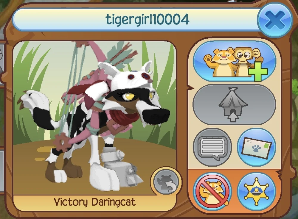 An Animal Jam user's playercard. The wolf is black, brown, and white with yellow eyes. She has a white fox hat, a red ribbon scarf, pink bow and arrows, and a silver glove. The username is tigergirl10004, and the animal name displayed is Victory Daringcat.