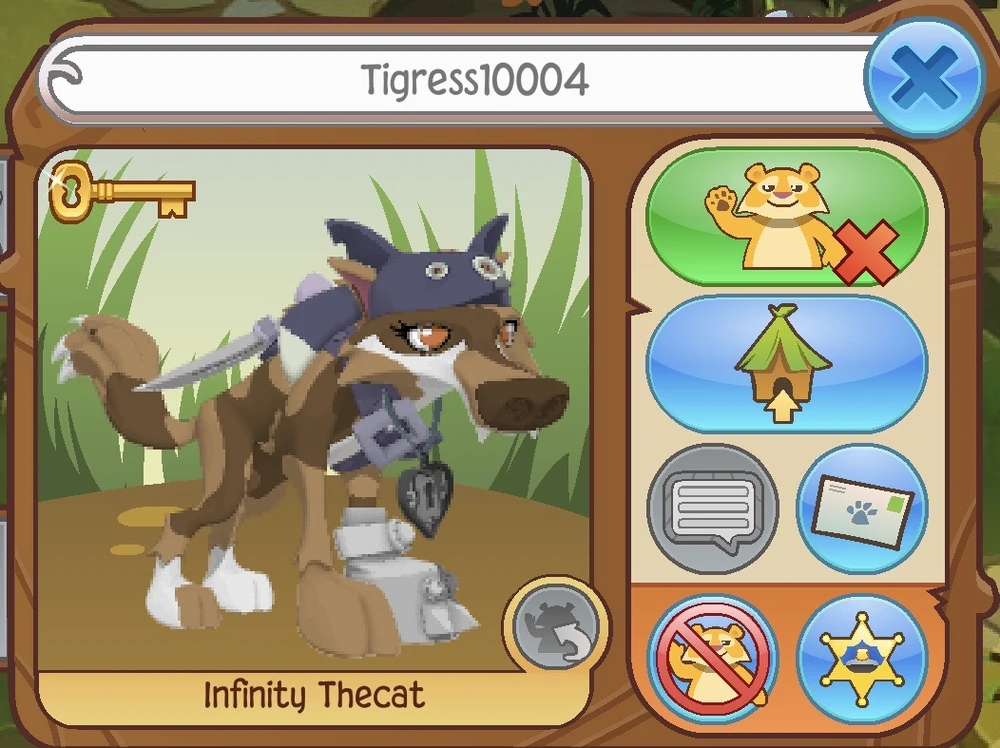 An Animal Jam user's playercard. The wolf is brown, light brown, and white with orange eyes. She has a dark blue fox hat, a black heart locket necklace, a grey pirate sword, and a silver glove. The username is Tigress10004, and the animal name displayed is Infinity TheCat.