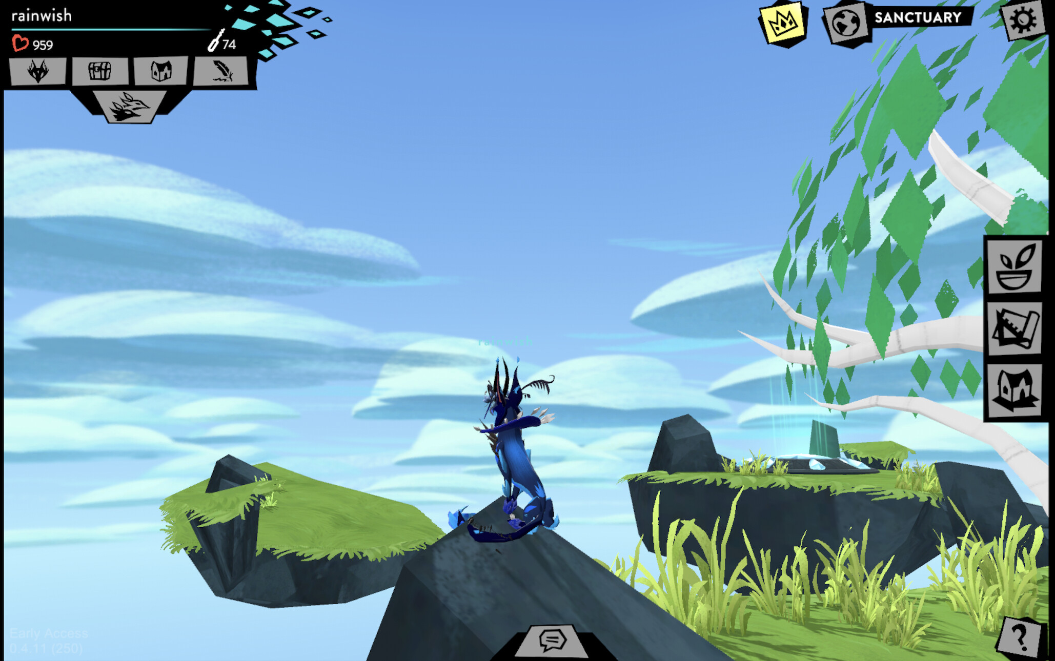 An image of a Fer.al Senri in a house Sanctuary. She is several shades of blue, sitting on a rock. She is on a floating green, grassy rock island, and is looking at the clouds and into the distance.