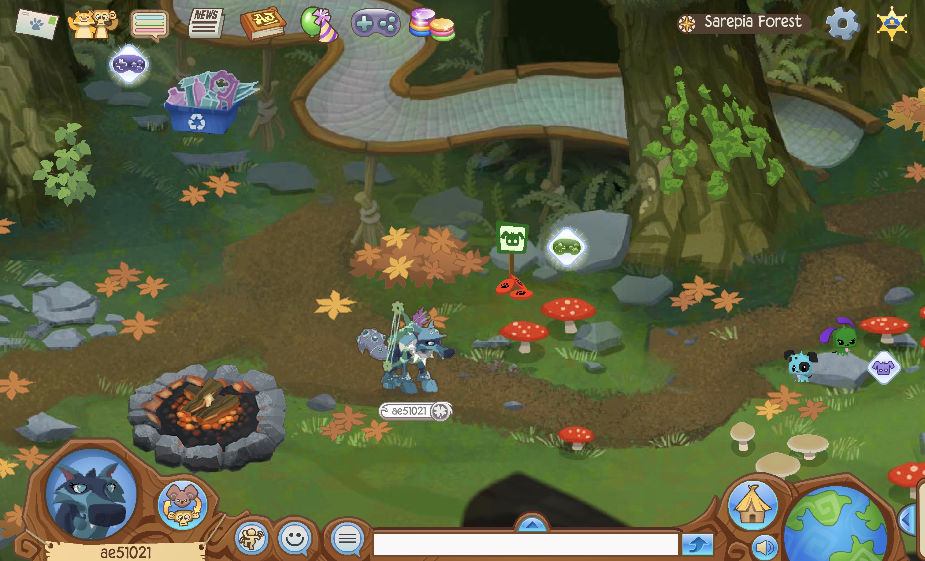 An Animal Jam wolf in Sarepia Forest. The current season when this photo was taken, years later, is autumn. The is a wolf of various splotches and shades of blue. She has a blue fox hat, silver spike, green bow and arrows, blue elf bracelets, and blue tail armor. The username displayed is ae51021, and the wolf's name is Explorer Rainycat. Rainwish is alone here, nowadays, but she remembers well where she first met them.