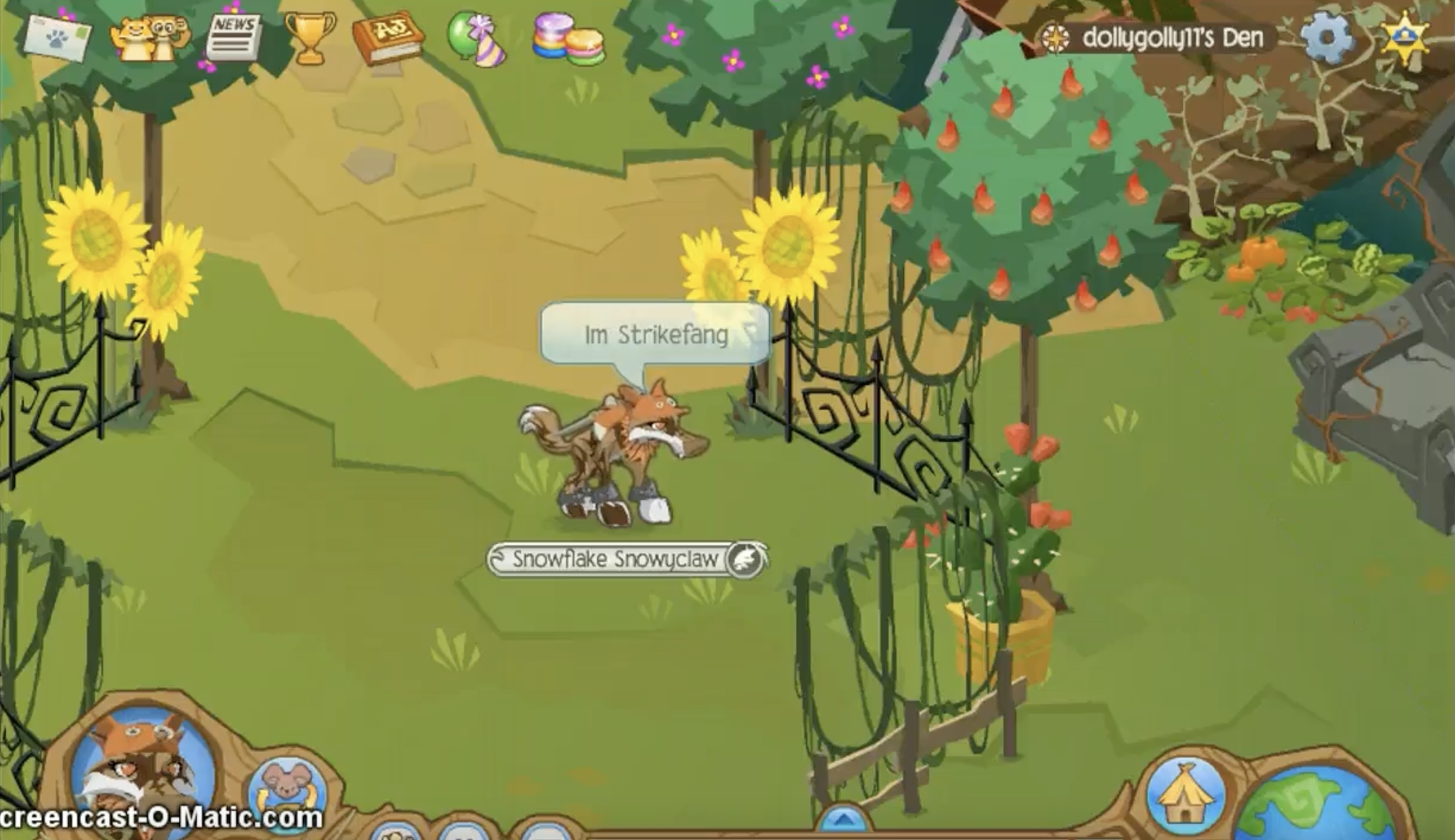 An Animal Jam player in a Castle Den, owned by the user dollygolly11. The wolf is brown and white with a darker brown lightning pattern and orange eyes. She has an orange fox hat, an orange leaf necklace, a grey pirate sword, and grey elf bracelets. The wolf's name is Snowflake Snowyclaw, and the character's name is Strikefang, which she is stating in a speech bubble above her avatar and white player tag. There are various nature items scattered around. The username of the player is xXTrueGirlGamerXx, but it is blocked by a Screencast-O-Matic.com watermark.